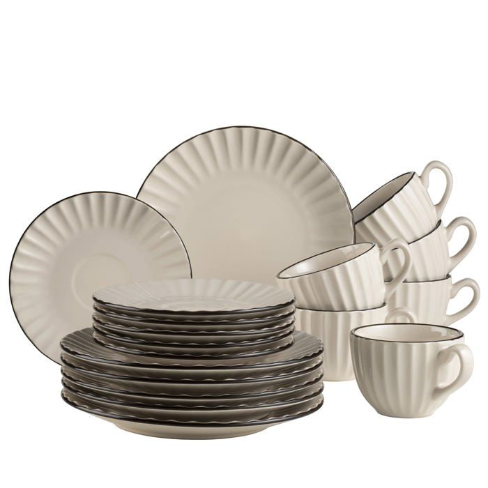 Service à café 18 pièces - MÄSER - 931968 - grès blanc crème - bordure noire - compatible lave-vaisselle