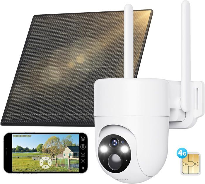 Caméra De Surveillance Solaire 4G LTE Extérieure - Sans Wi-Fi, Avec Carte SIM - Détection Humaine PIR, Vision Nocturne, IP66