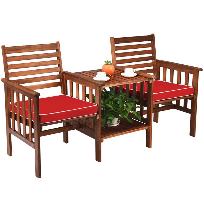 COSTWAY Ensemble Table Basse et 2 Chaises avec Coussin Bois d’Acacia Trou de Parasol de 5 CM Salon de Jardin 2 Personnes Rouge