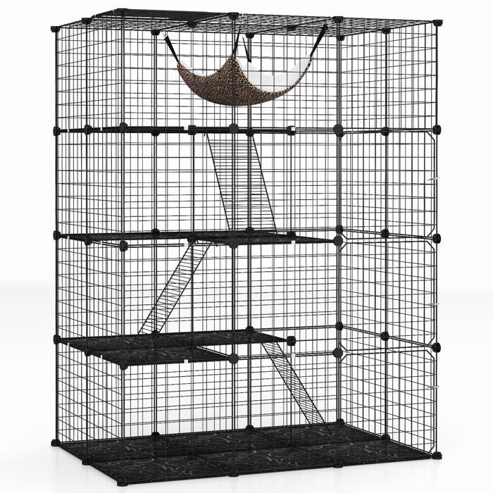 Comparer les prix de COSTWAY Cage pour Animaux à 4 Niveaux de 143 cm, Hamac, 3 Echelles, 4 Portes et 1 Fenêtre, Niche en Fil Métallique Amovible, Noir