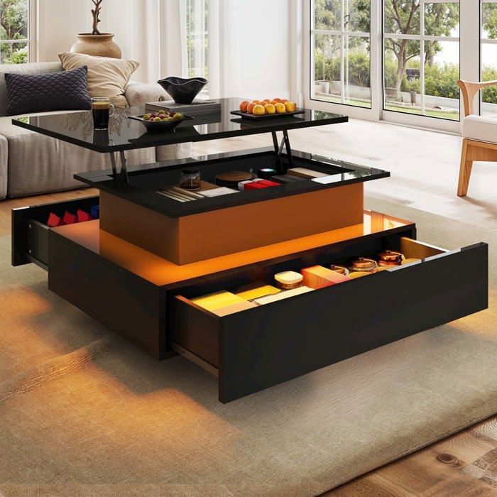 Table Basse Relevable YITAHOME Avec LED RGB - 2 Tiroirs, Noir, Pour Salon