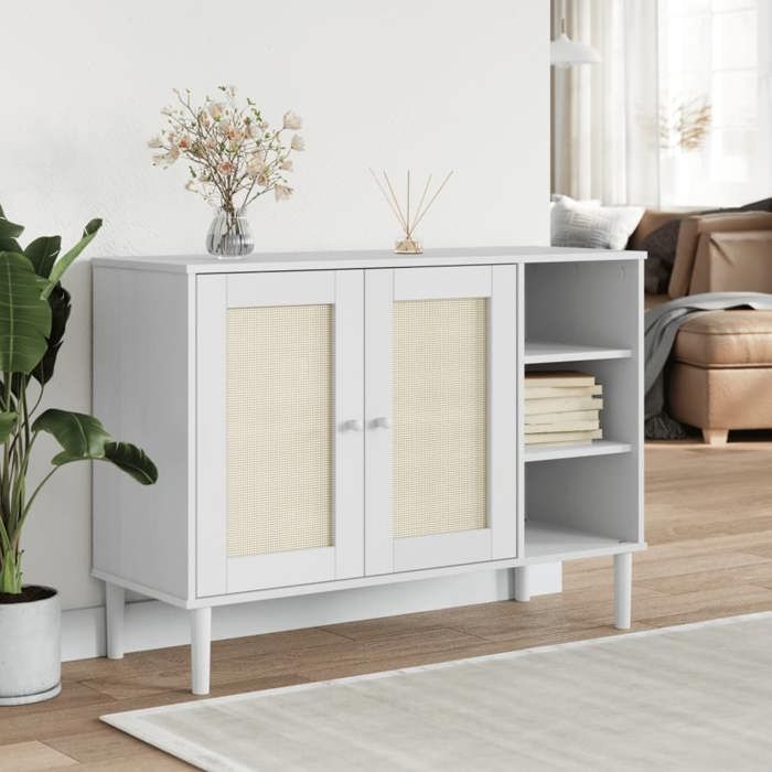 SALE 2025Meuble bas bahut vaisselier - Buffet SENJA aspect rotin blanc 112x40x80cm - Bois massif de pin217 Kg 4565