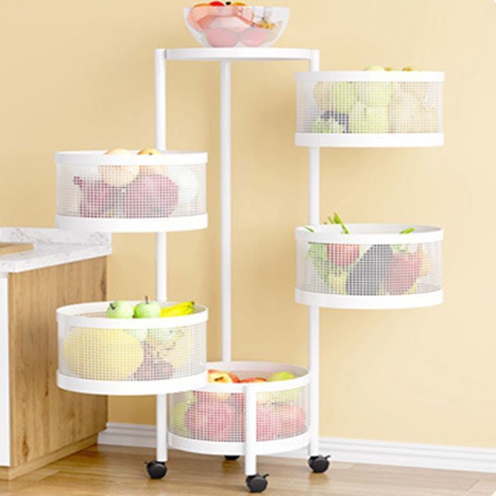 Desserte de Cuisine à Roulettes - 5 niveaux - rond - pour Légumes et fruits - 30x30x90cm Blanc