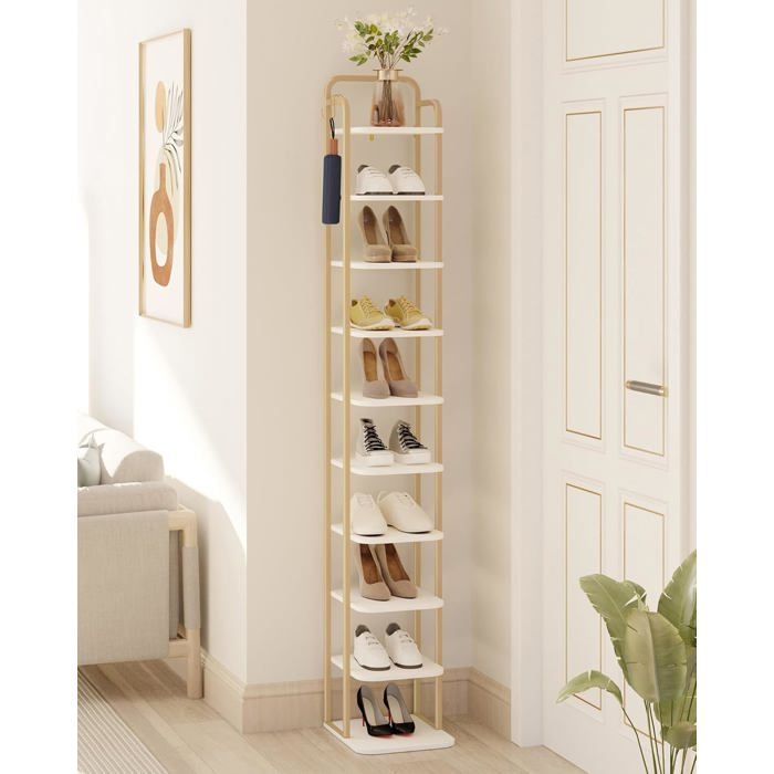 Étagère à Chaussures Verticale à 10 Niveaux Tour à Chaussures pour Petits Espaces Autoportante Réglable Gain de Place Or Blanc