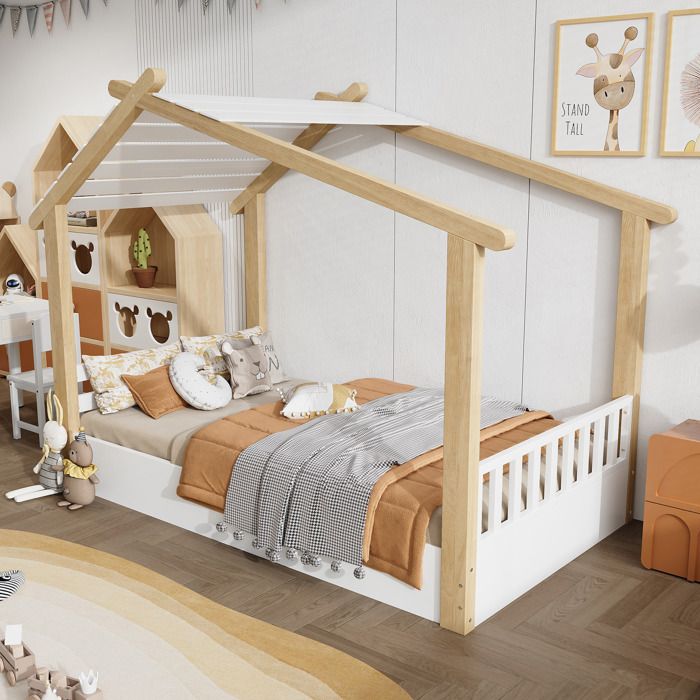 Lit cabane enfant 90x200cm - Barrières de sécurité - Conception de maison en rondins - Bois massif+MDF - Naturel(sans matelas) Lit cabane enfant 90x200cm - Barrières de sécurité - Conception de maison en rondins - Bois massif+MDF - Naturel(sans matelas)