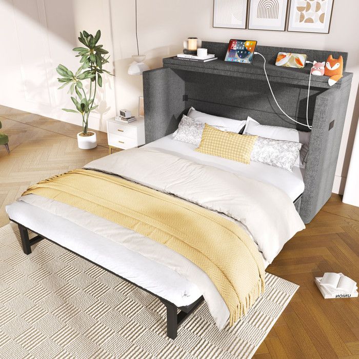 Lit escamotable 140x200 cm - 1 tiroir - Compartiment de rangement - Ports USB et Type-C - Gris (matelas non inclus)
