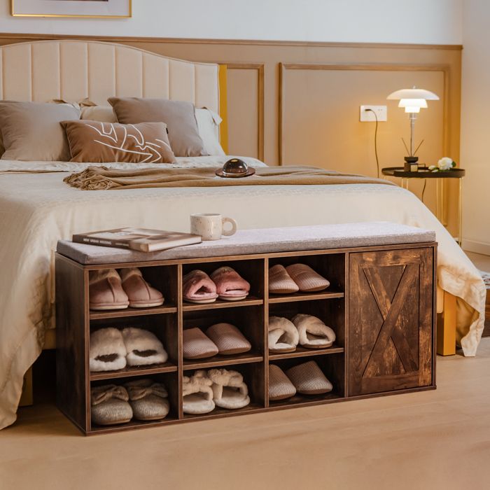 Banc Chaussures Entrée - RELAX4LIFE - 9 Compartiments - 3 Niveaux - Étagères Réglables - Coussin Rembourré - 1 Armoire - Industriel