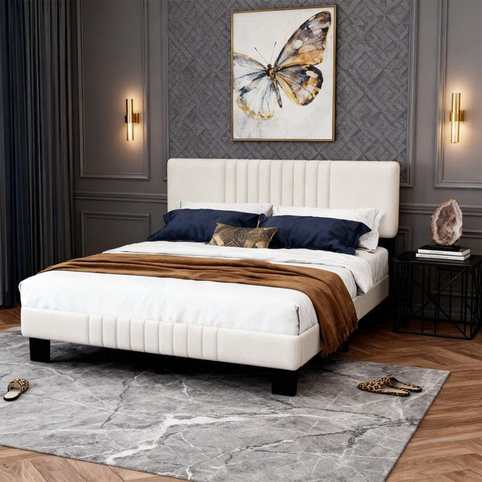 Cadre De Lit 140x190 Cm Avec Tête De Lit Capitonnée Et Rangement – Structure Métal Et Lattes Bois, Hauteur Réglable, Facile à Monter