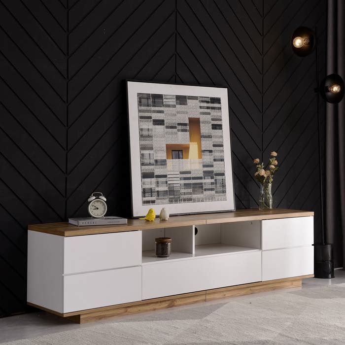 Meuble TV - MODERNLUXE - 180x38x46 cm - 5 portes - Effet bois - MDF - Blanc+Naturel Meuble TV - MODERNLUXE - 180x38x46 cm - 5 portes - Effet bois - MDF - Blanc+Naturel
