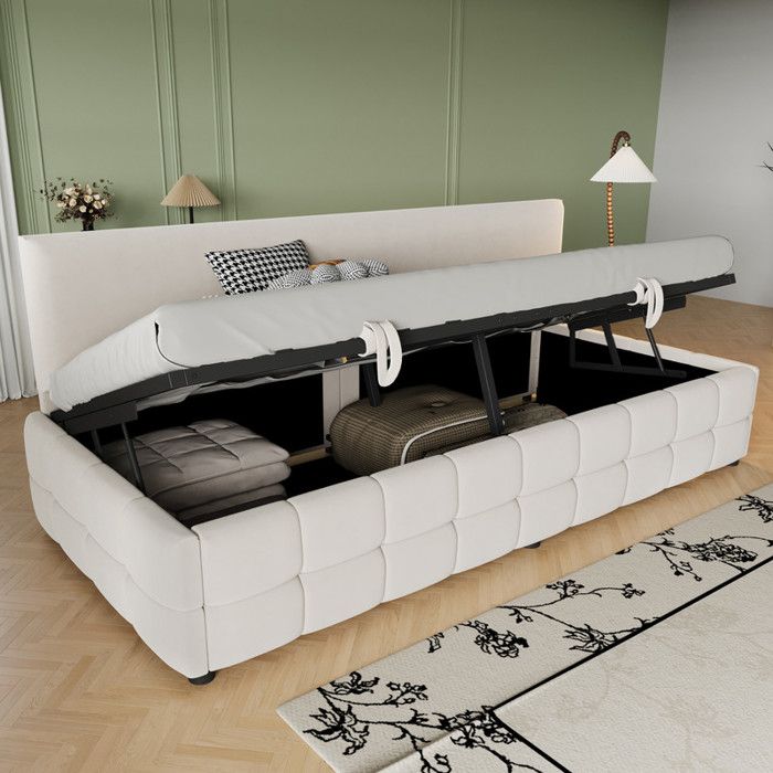 Canapé-lit coffre rembourré 90 x 200 cm - Dossier sans accoudoirs - Velours - Beige (matelas non inclus)