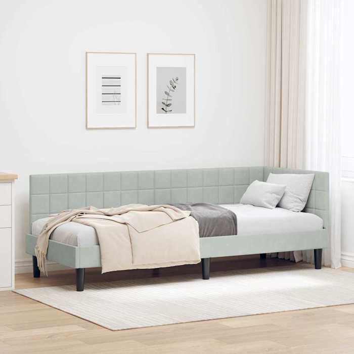 Cadre de lit dangle en velours - CLOUD - 80x200 cm - Gris clair - Design en L - Polyvalent canapé et lit
