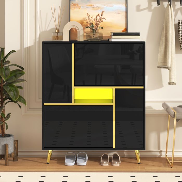 Meuble à chaussures dentrée 80 x 25 x 96 cm façade brillante avec éclairage LED 16 couleurs noir