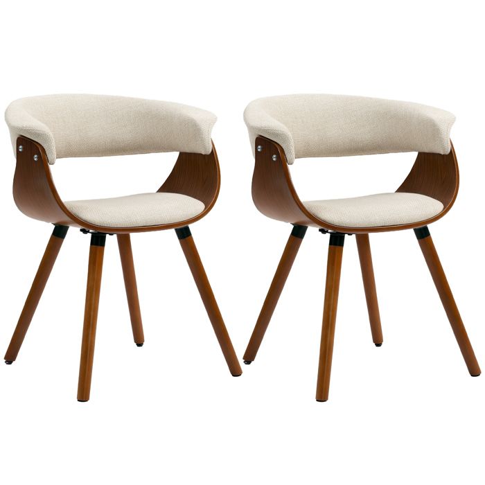 Lot de 2 chaises de salle à manger - HOMCOM - dossier incurvé - pieds en bois massif - tissu effet lin - beige