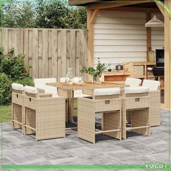 Ensemble à manger de jardin - 3211204 - Table acacia - 8 chaises poly rotin beige - Protection anti-UV