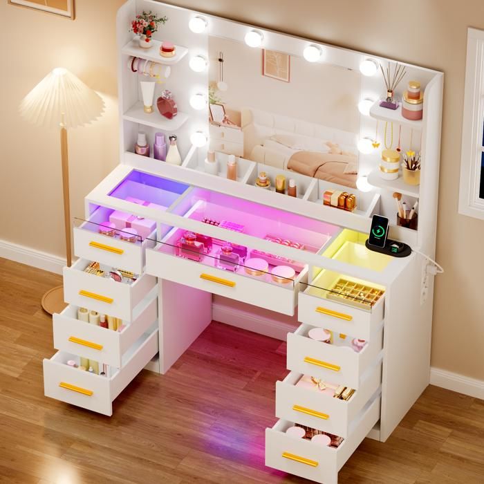 Coiffeuse Grande avec Miroir LED Réglable Prise et Port USB 9 Tiroirs 105X40X140cm，Blanc