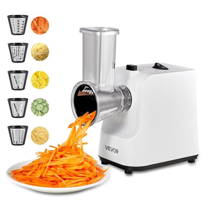 Trancheuse Légumes Électrique 200W Mandoline Inox 5 Accessoires Hachage Tranchage Découpe Ondulée & Râpe