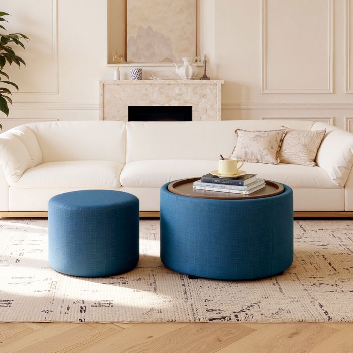 Lot de 2 Tabourets Pouf de Rangement Emboîtables Ronds - BELLEMAVE - Coffres de Rangement en Lin - 4 en 1 - Sans Montage - Bleu