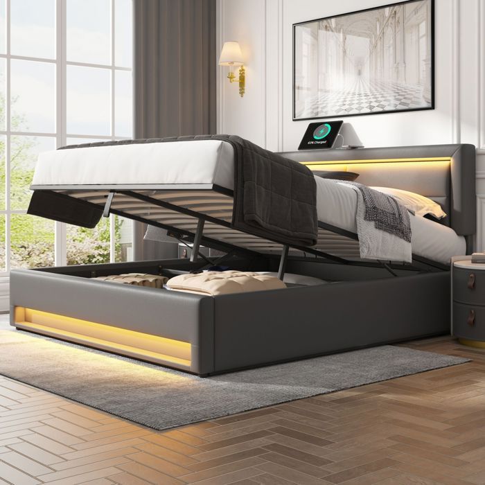 Lit Coffre Double 140x190 cm  Capitonné avec Tête Réglable Port USB et Coffre de Rangement Hydraulique  Sans Matelas  Gris
