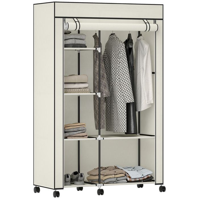 Armoire penderie - HOMCOM - 6 roulettes - tringle à vêtements étagères ouvertes - acier et tissu non tissé - 103x43x162 5cm - crème Armoire penderie - HOMCOM - 6 roulettes - tringle à vêtements étagères ouvertes - acier et tissu non tissé - 103x43x162 5cm - crème