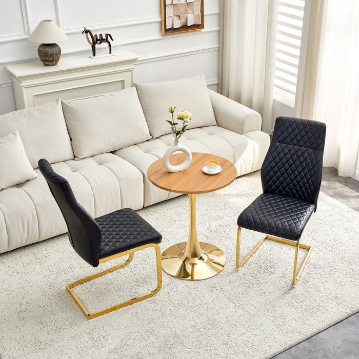 Ensemble table et chaises - Table ronde 60 cm - MDF et métal - Noir et or - Motif losange - Cuir PU