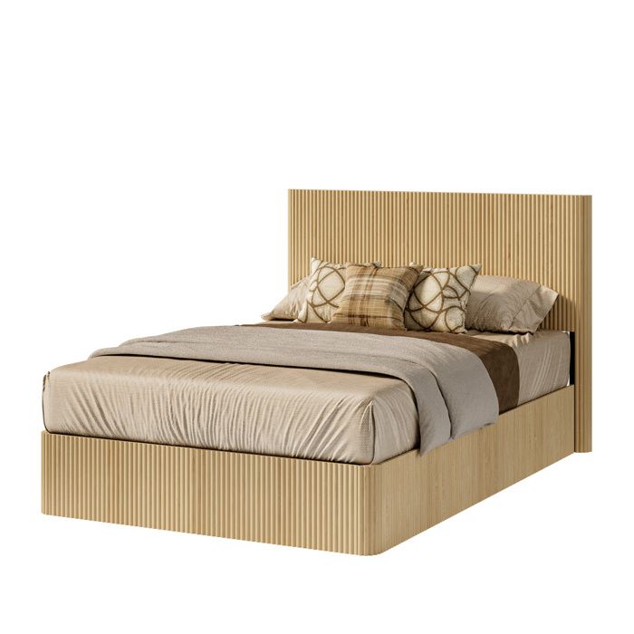 Lit adulte 140x200 cm avec coffre et lift hydraulique silencieux. lattes bois massif. MDF métal chêne clair