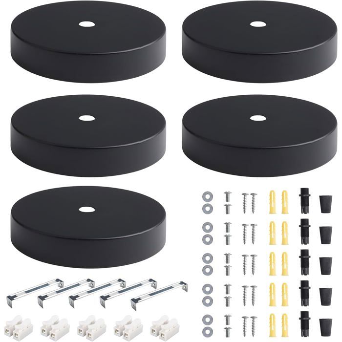 Rosace de plafond en métal-KAL-Rosace Plafond Noir 10cm Lot 5 Cache Fil Fixation Lustre Cuisine Salon Couloir