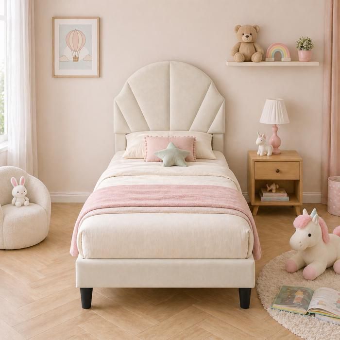 Lit Enfant 90x190 cm Velours – Lit Simple Rembourré avec Tête de Lit Réglable – Sommier à lattes - Beige Lit Enfant 90x190 cm Velours – Lit Simple Rembourré avec Tête de Lit Réglable – Sommier à lattes - Beige