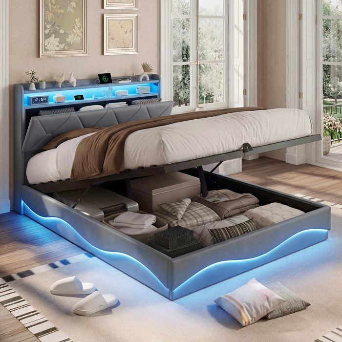 Lit coffre - URBANLUXE - 160x200 cm - Velours gris - LED intégrée & port USB - Coffre de rangement hydraulique