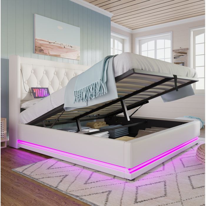 Lit coffre blanc 160 × 200 en PU LED 3 côtés USB-C tête capitonnée sans matelas