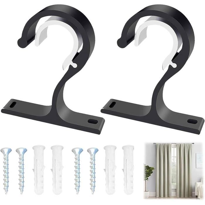 2 Supports de Tringle à Rideau en Alliage dAluminium Robuste Supports Fixes pour Tringles Ø25-28mm Crochets à Draperie Noirs