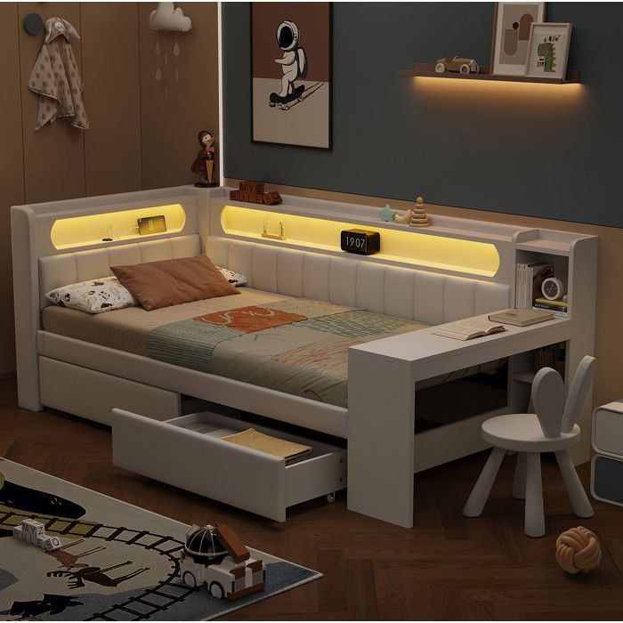 ULEVR Lit rembourré 90x200 cm blanc avec ports USB LED bureau intégré et 2 tiroirs