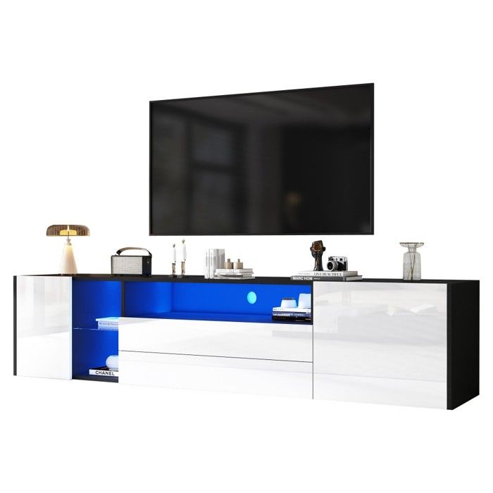 Meuble TV LED 180cm - ultra-brillant - 2 tiroirs - 2 caissons - pour TV 75 - noir/blanc Meuble TV LED 180cm - ultra-brillant - 2 tiroirs - 2 caissons - pour TV 75 - noir/blanc