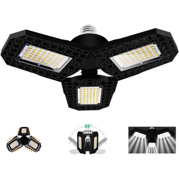 Éclairage de garage à LED - - 40W - 3 panneaux réglables - 3000LM - Blanc froid - E27 - Déformable - Jusquà 90° ODIPIE