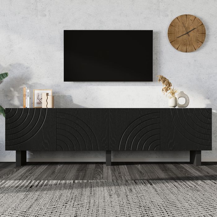 Meuble TV bas 180x40x55 cm avec 4 portes structurées support TV rangement pour TV 75 pouces salon noir