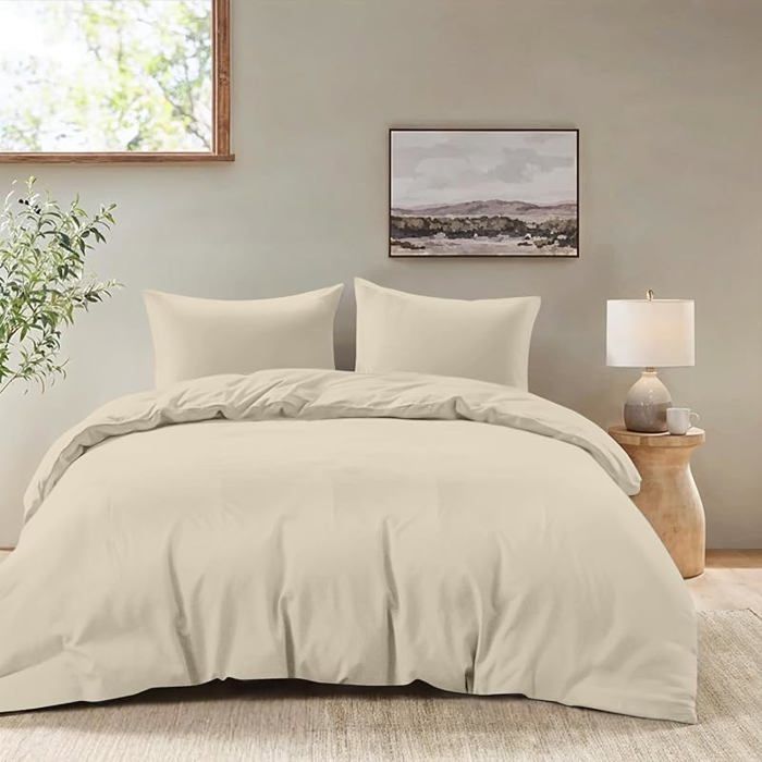 - Housse de Couette 200x220 avec 2 Taies Oreiller 80x80 - Parure de Lit Adulte Beige 200x220cm + 2 x Taies Oreiller 80x80cm