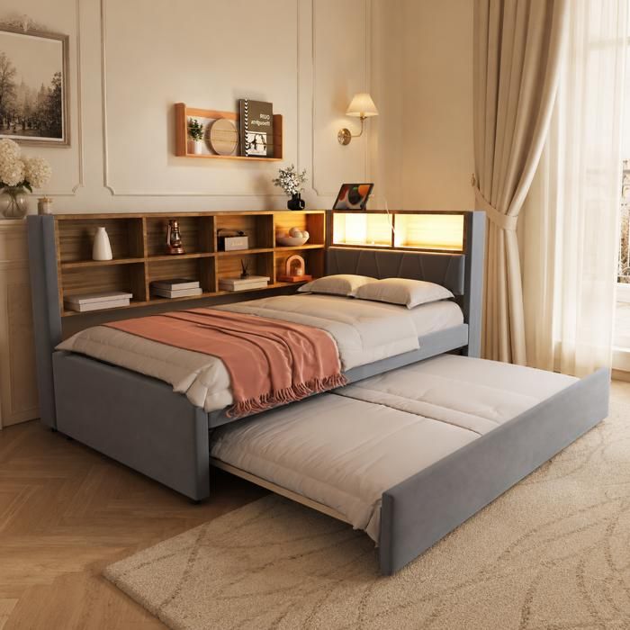 Lit banquette gigogne 90x200 avec lit tiroir 90x190 LED prises rangements gris foncé