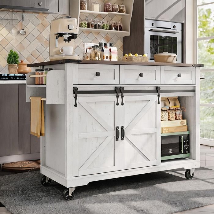 Îlot de cuisine beige avec plan de travail extensible 3 tiroirs et portes coulissantes 140 cm
