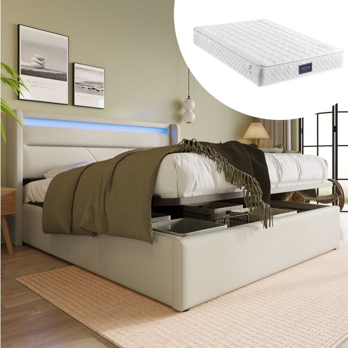 COVREO Lit coffre rembourré 140x200 cm avec matelas LED rangement hydraulique PU blanc