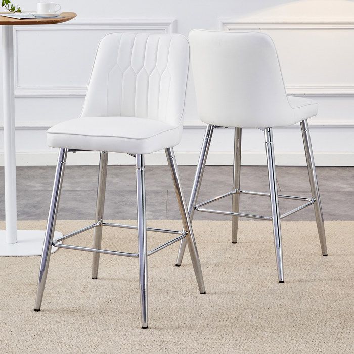 WOVREO Lot de 2 tabourets de bar 100 cm en simili blanc avec pieds en métal argenté et repose-pieds