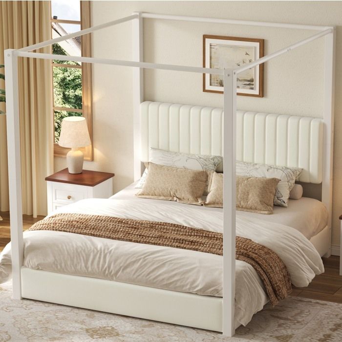 Lit adulte à baldaquin 180 x 200 cm tête de lit rembourrée sommier à lattes velours métal beige blanc ORVRYN