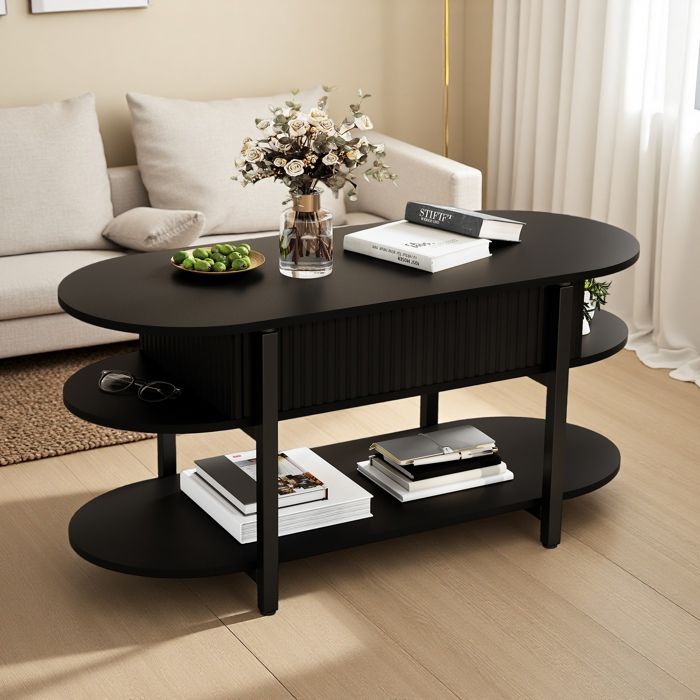 Table basse relevable Ovale - 106x44x50 cm - Plateau Escamotableavec étagères ouvertes et Rangement Pieds métalliques - Noir