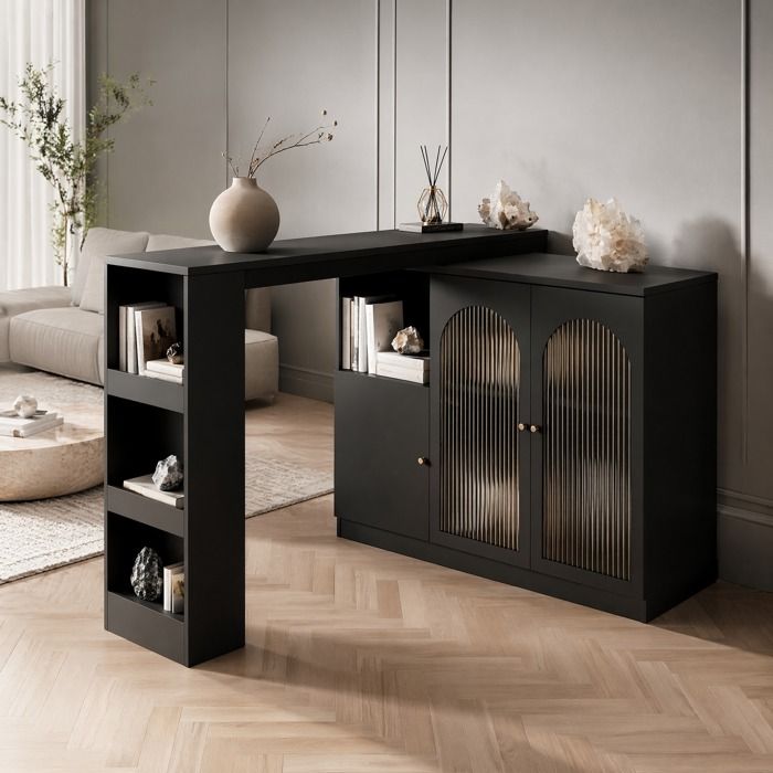 WOVREO Table de bar rotative 360° 120 x 40 x 97 cm meuble bar noir en MDF avec portes vitrées et rangements