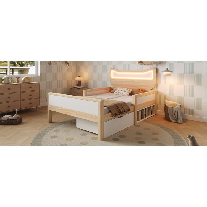 Lit enfant 90 x 190 cm en bois blanc et chêne tête de lit chat LED RGB sommier à lattes sans matelas