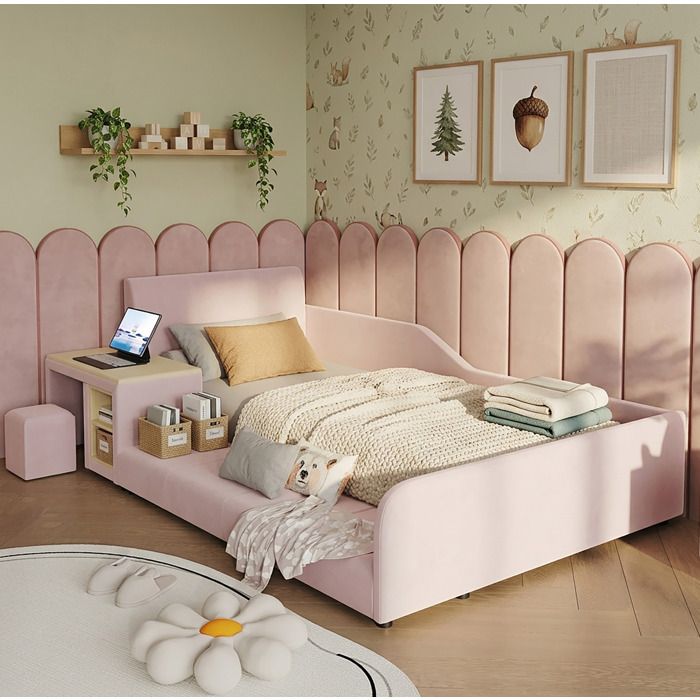 Lit Combiné Enfant Simple 90 × 200 cm avec Bureau Tabouret et Étagère - ELVMI - sans Matelas Velours Rose