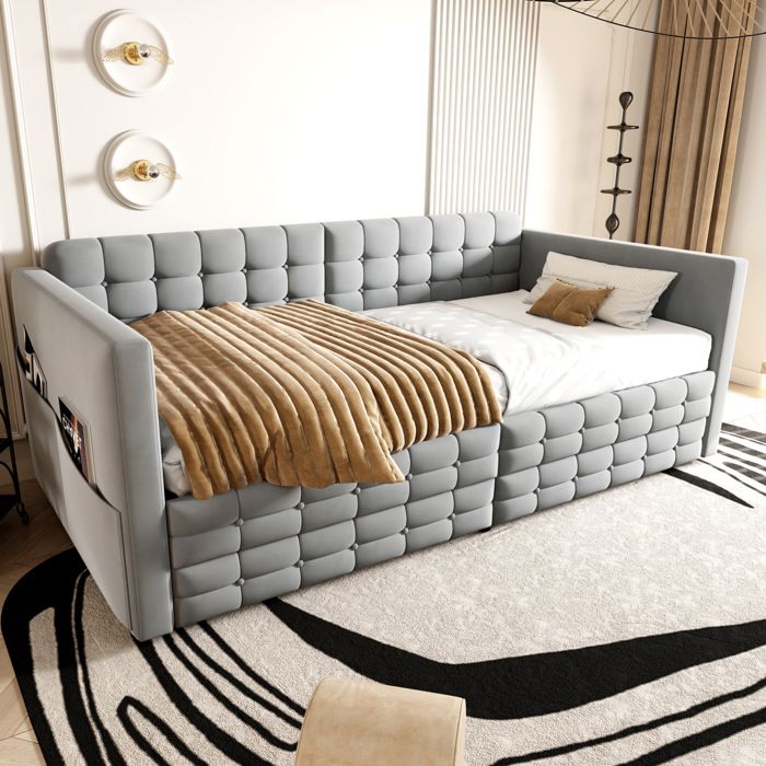 Lit Banquette Lit Simple avec 4 Poches de Rangement 2 Tiroirs et Sommier à Lattes 90 × 190 cm sans Matelas