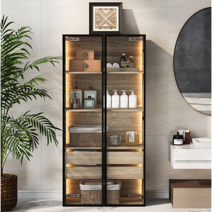Colonne Salle De Bain LED Naturel Meuble De Rangement FloraGrace Pour Salle De Bain A Suspendre Ou Poser 74x36x155cm