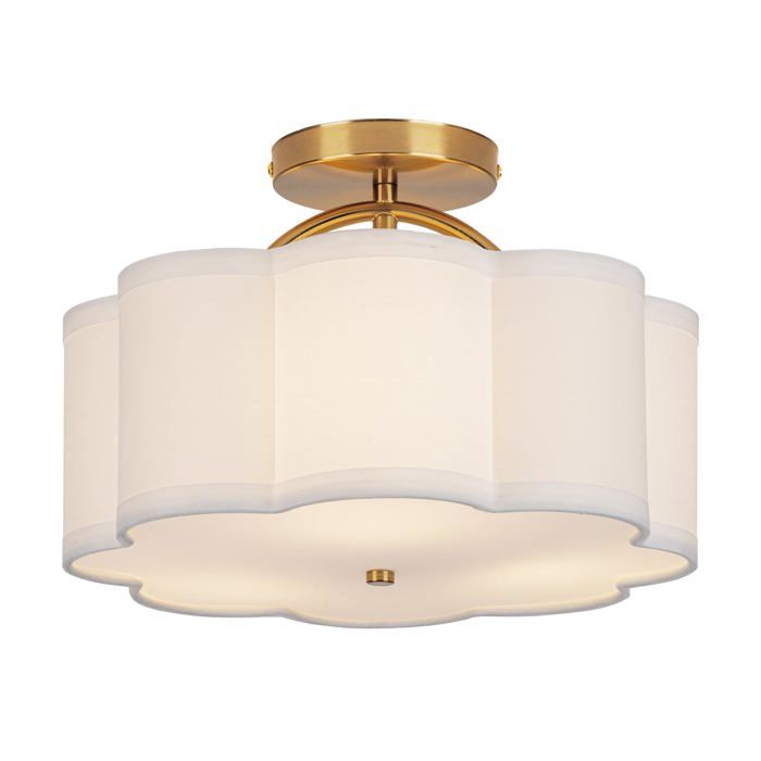 Plafonnier à 3 lampes Ø30 cm avec abat-jour en tissu crème en forme de fleur et bras doré – pour chambre cuisine salon couloi