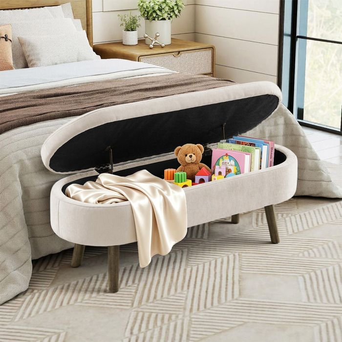 Banc coffre 110x40x42 cm en chenille avec rangement 20 L couvercle à charnière hydraulique et pieds en bois - Beige