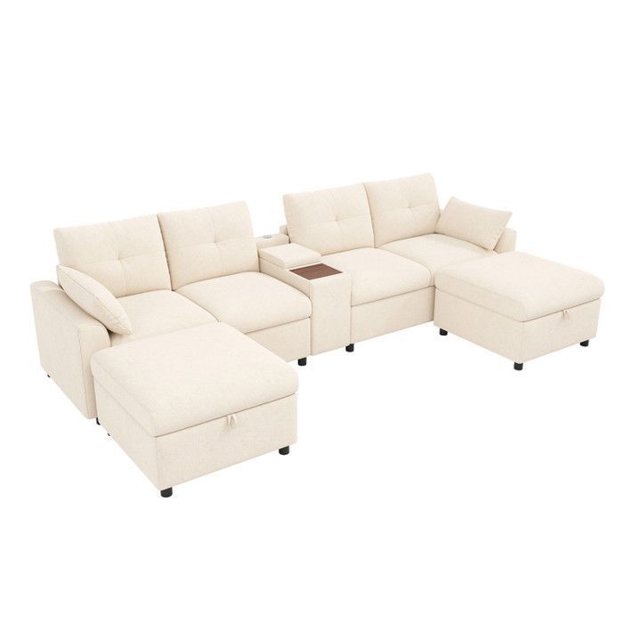 Canapé dAngle Modulaire U/L 6 Places 2 Poufs Rangement Console USB et Porte-Gobelets Tissu Chenille Beige Salon