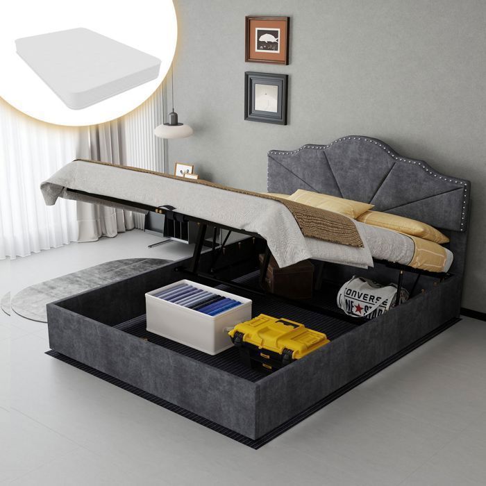 Lit coffre - WESTYLE - Lit Capitonné 140x200 - Gris velours - Matelas inclus - Sommier relevable